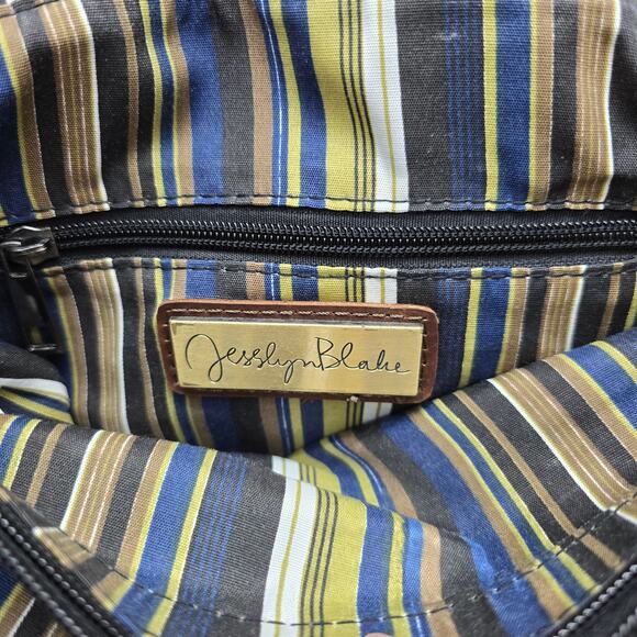 Jesslyn Blake Anthropologie Canvas & Leather Crossbody Messenger Bag Brown Blue - Picture 3 of 15